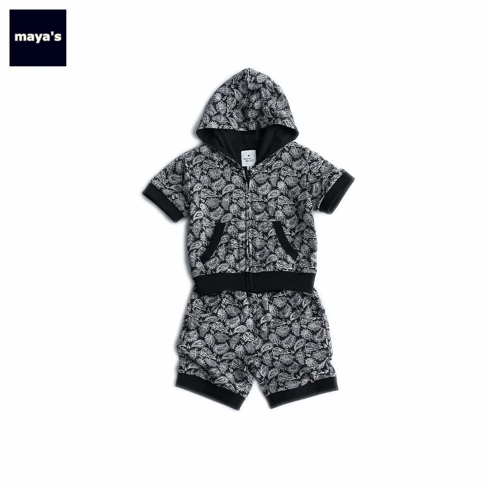 

Mayas Black Hooded Floral Printed And Shorts Boys Summer Clothing Set Kids Spring Causal Cotton Soft Family Matching Wears 72014