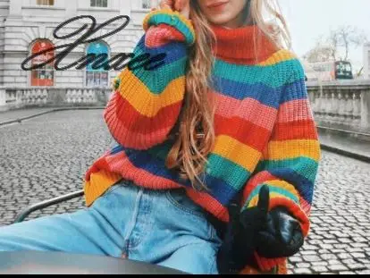 

Xnxee 2019 European and American new women's color striped knit pullover