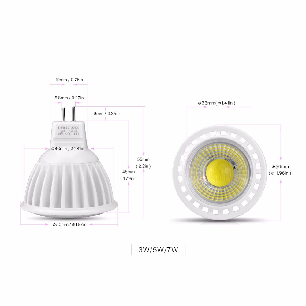 GU10 Светодиодный светильник 110V 220V 3W 5W 7W MR16 Светодиодный DC/AC 12 V-24 V с регулируемой яркостью COB Светодиодный точечный светильник из алюминия AC85V-265V GU5.3 точечный светильник