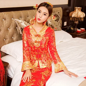 

New Overseas Chinese Wedding Gowns Vintage Women Qipao Female Marriage Dress Suit Elegant Embroidery Flower Cheongsam Vestidos