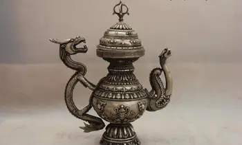 

China White Copper Silver Carved Fine Dragon Beast Flagon Stoup Wine Tea Pot