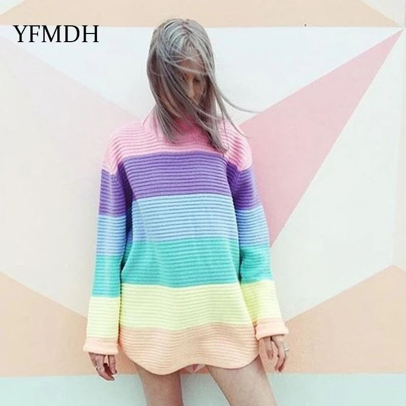 

2018 Autumn Winter Women O-neck Knitted Sweaters Candy Color Ice Cream Rainbow Long Sleeve Pullover Casual Pullovers Oversized