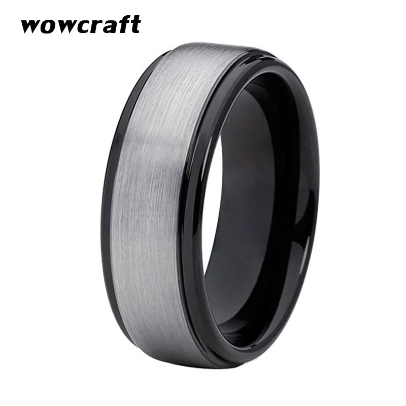 

8mm Mens Wedding Band Black Tungsten Carbide Rings Brushed Silver Surface Polished Step Edges Comfort Fit
