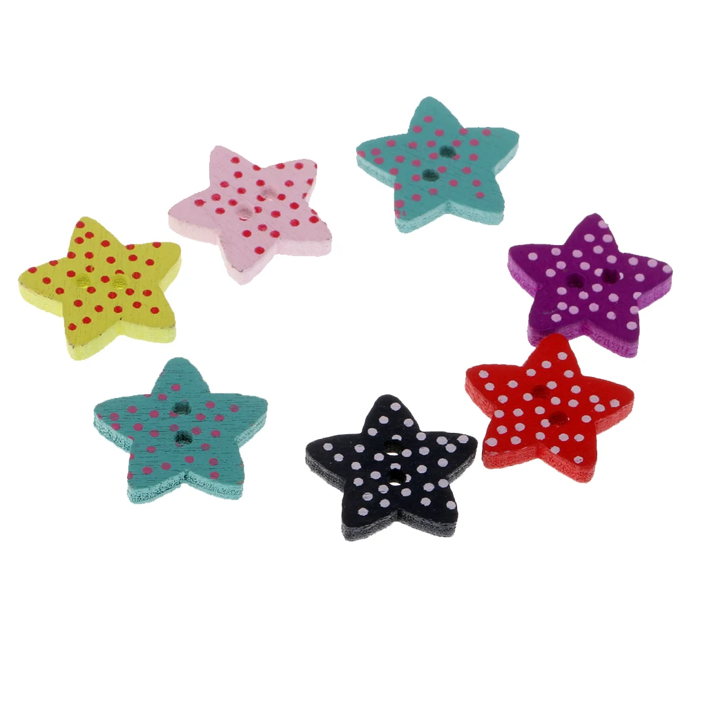 100pcs Mixed Star Shaped Wooden Buttons Polka Dot Buttons for Sewing Craft