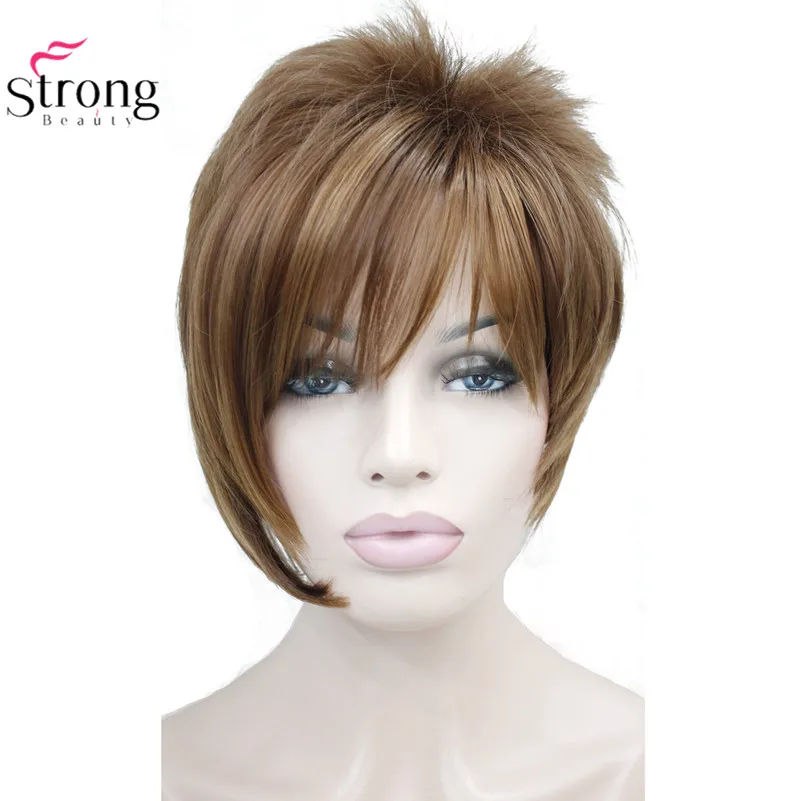 

StrongBeauty Light Auburn with Highlights Inclined Bangs Short Straight Synthetic Hair Wig For Girl