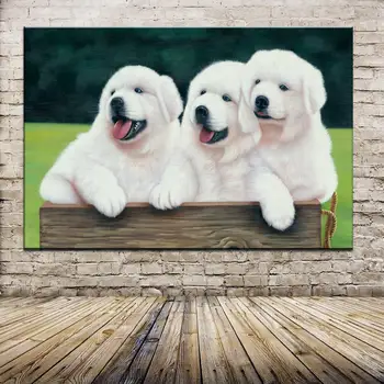 

High Quality Print Oil Painting Cotton Prints+Little Hand-Painted Wall Art Lovely White Dogs At The Chair Swings In Back Garden