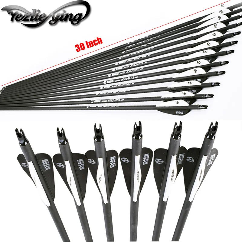 

12PCS 30-Inch Spine 500 Crossbow Bolt Carbon Arrows Black / White Feather for Bows and Arrow Hunting Archery Shooting