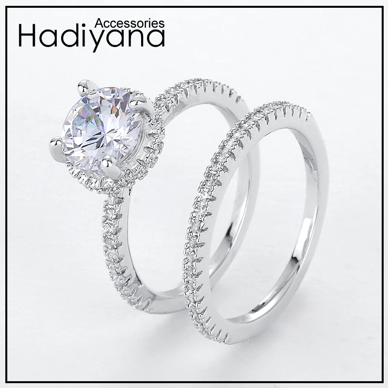 

Hadiyana Classic Sparkling Cubic Zirconia Wedding Rings Bridal 2pcs Cute Finger Ring For Woman Love Marriage Dating Sliver CP437