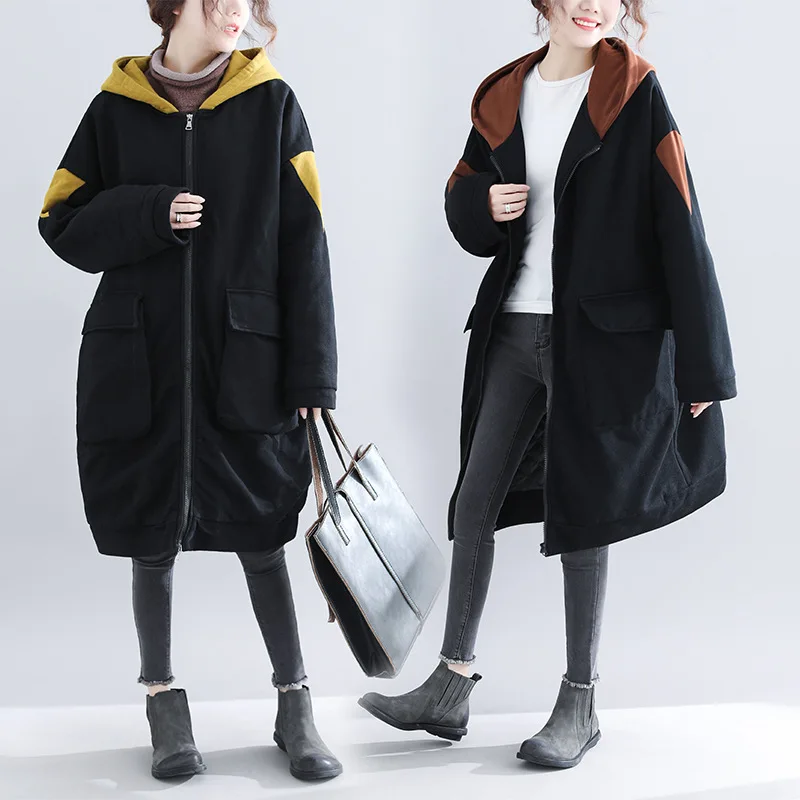 

Winter Korean loose large size stitching thick cap medium-length velvet jacket with cotton jacket windbreaker women long coat
