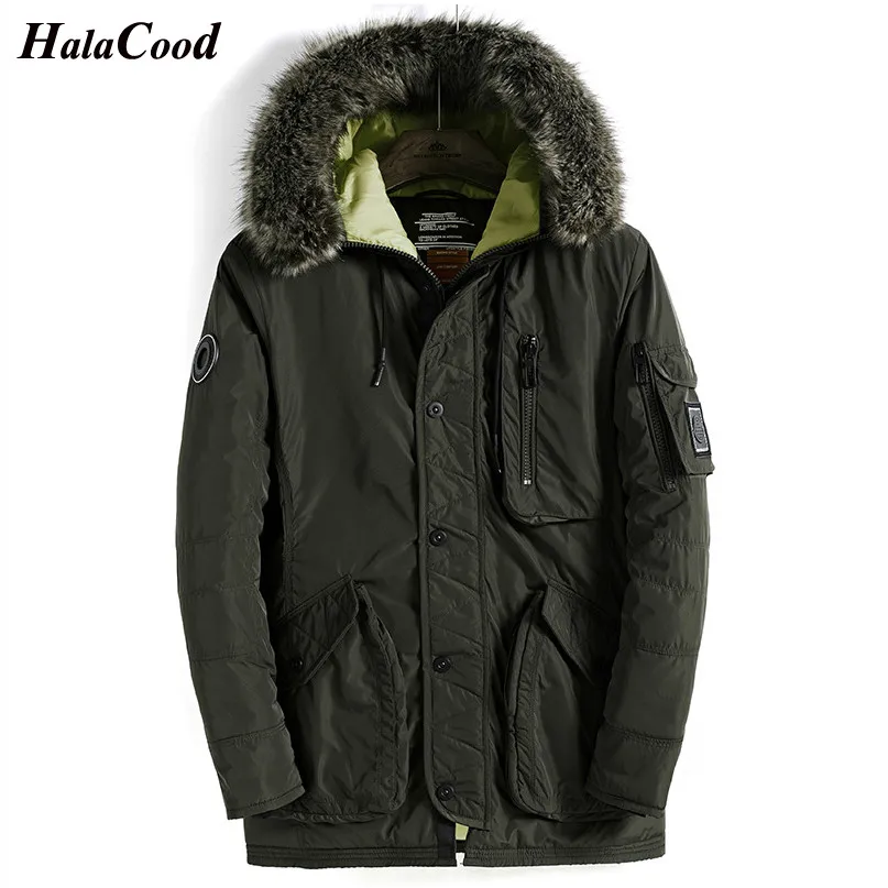 HALACOOD, модная новинка, мужская зимняя куртка, брендовая, с меховым воротником, мужские пальто, теплая, повседневная, длинная, парка, пальто, мужская, плотная верхняя одежда