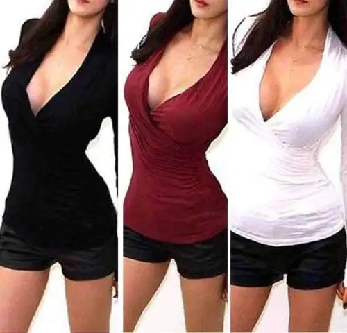 NEW SEXY WRAP V-NECK PLUNGE DRAPE LOW CUT LONG SLEEVE STRETCH SHIRT BLOUSE TOPS new style Fashion Hot