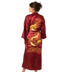 Бордовый китайский женский традиционный Атласный халат с вышивкой кимоно с драконом банное Платье Женское ночное белье плюс размер 010629
