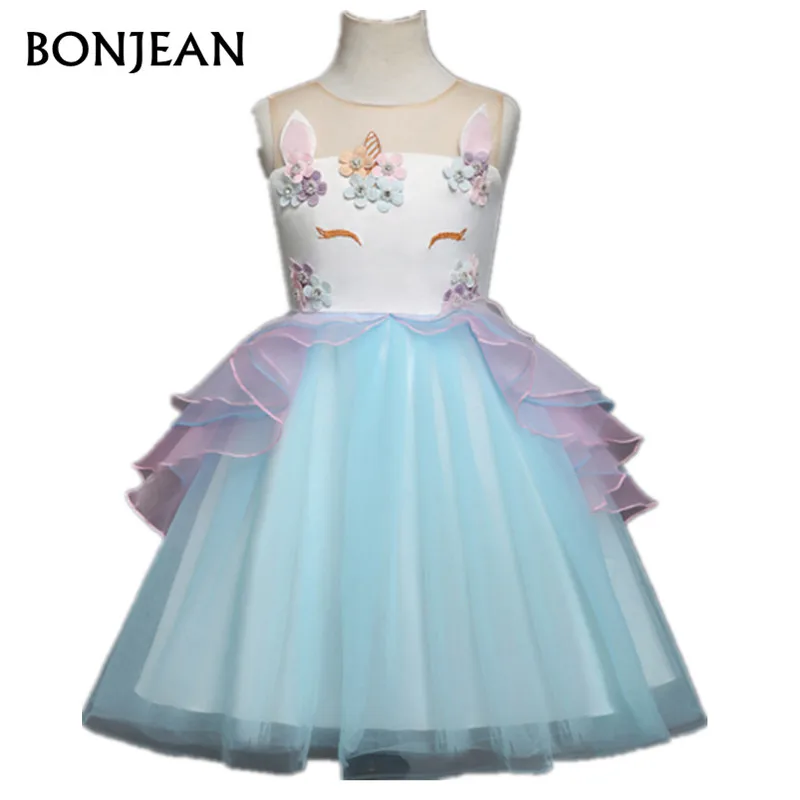 

New Girls Dress Unicorn Embroidery Beading Flower Ball Chiffon Princess Dresses Kids Clothing Baby Mesh Party Dress Tutu 2-6y