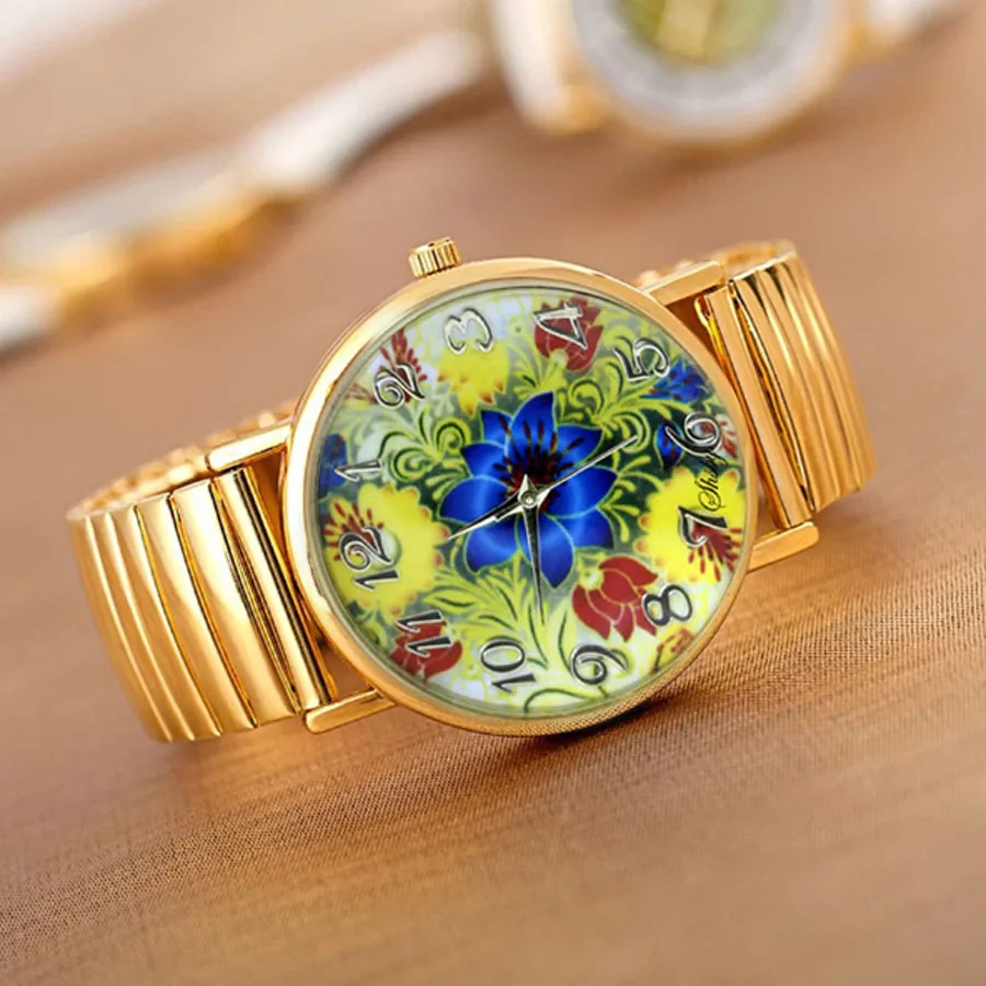 Shsby горячая распродажа высокое качество золотые эластичные часы из нержавеющей стали женское платье кварцевые наручные часы Новое поступление женские часы с цветами - Цвет: Небесно-голубой