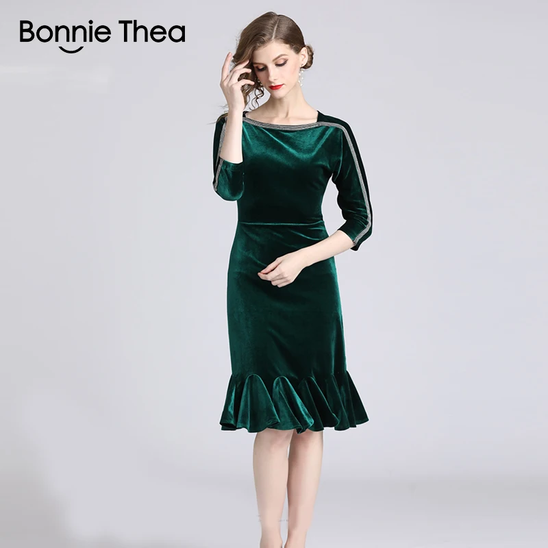 Bonnie Thea винтажное зеленое бархатное женское платье русалки vestido Осеннее
