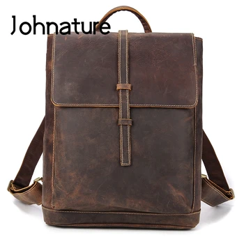 

Johnature 2020 New Vintage Crazy Horse Leather Men Laptop Backpack Waterproof Wear Resistant Large Capacity Leisure Travel Bags