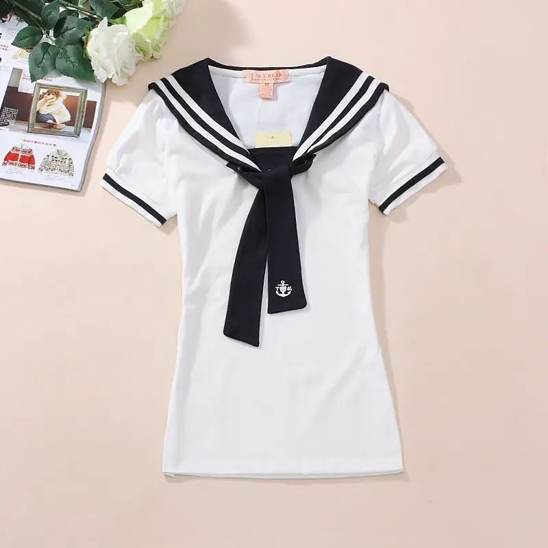 Girl female student t shirts summer sailor collar slim cotton short