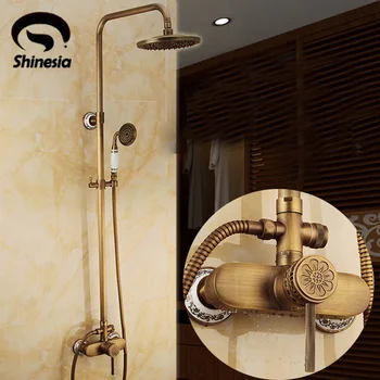 

New Wall Mounted Antique Brass Shower Set Faucet 8" Shower Head W/ Ceramics Handheld Shower Mixer Tap Ceramics Base