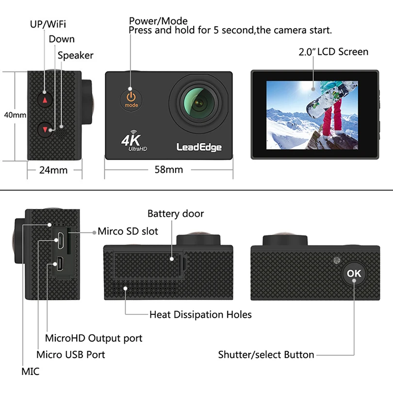 LeadEdge LE5000 Экшн-камера 4 K/30FPS 16MP 2," lcd 170 градусов wifi Пульт дистанционного управления Водонепроницаемая камера для шлема подводная спортивная камера