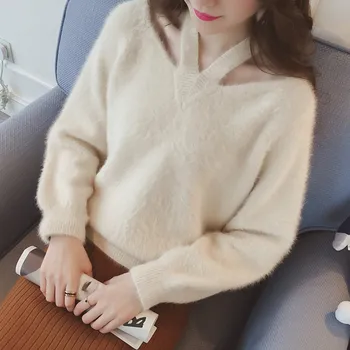 

Qiu dong easing a word shoulder to shoulder mohair sweaters female hedge in outside wear long neck sweater