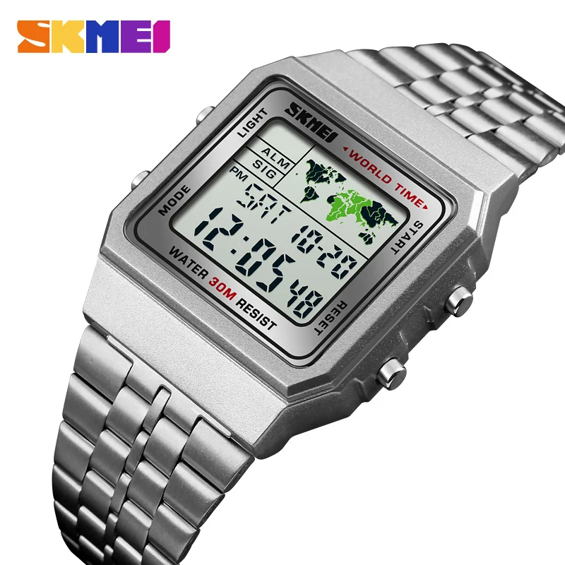 Baratos Reloj Digital LED para hombre Relojes deportivos reloj Masculino Relojes de pulsera de acero inoxidable militar resistente al agua SKMEI