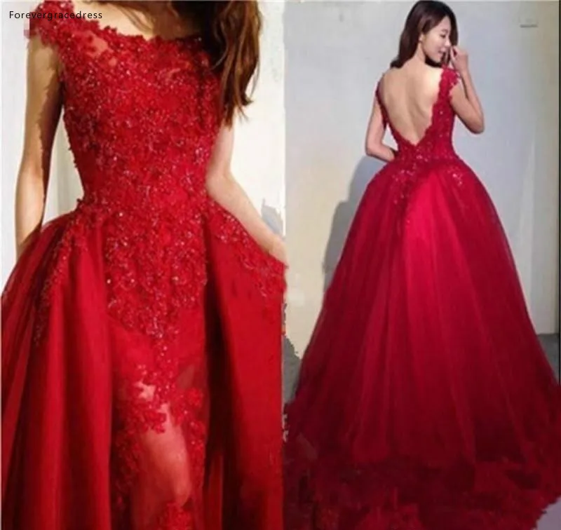 Red Beadings Appliques Tulle Overskirt Evening Dresses 2019 Modest Scoop Neck Lace Backless Mermaid Prom Gowns Formal Wear Arabic  167