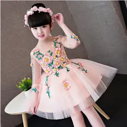 Новинка 2019 года, корейское милое детское платье принцессы с вышитыми цветами для девочек, милое кружевное бальное платье на свадьбу, день