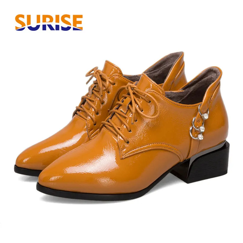 

Women Pumps Patent Leather Pointed Toe Derbies Vintage Brogues Mid Block Heel Oxford Casual Rhinestone Ring Lace Up Ladies Shoes