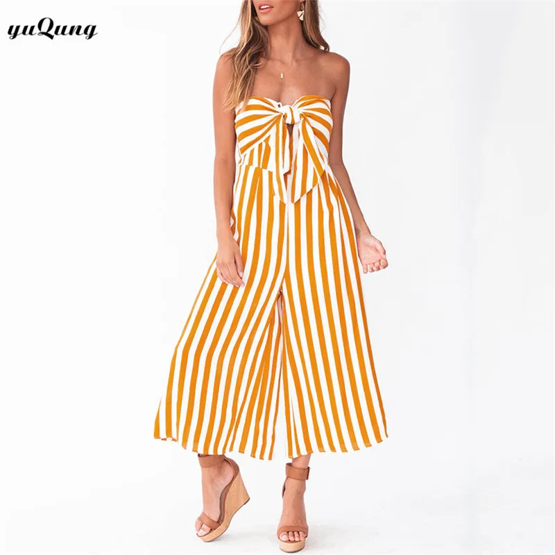 

yuqung Female bow off shoulder stripe wide leg Jumpsuit For Women Playsuit slash neck loose long Rompers Womens Overall 2D65