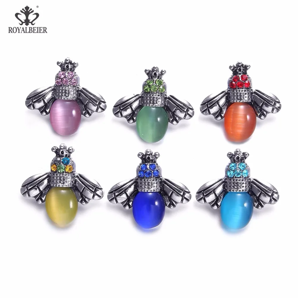 

RoyalBeier 6pcs/lot Lovely Bee Snaps Button Rhinestone Snap Button Metal Charms With Stone For 18mm Snap Bracelet Snap Jewelry