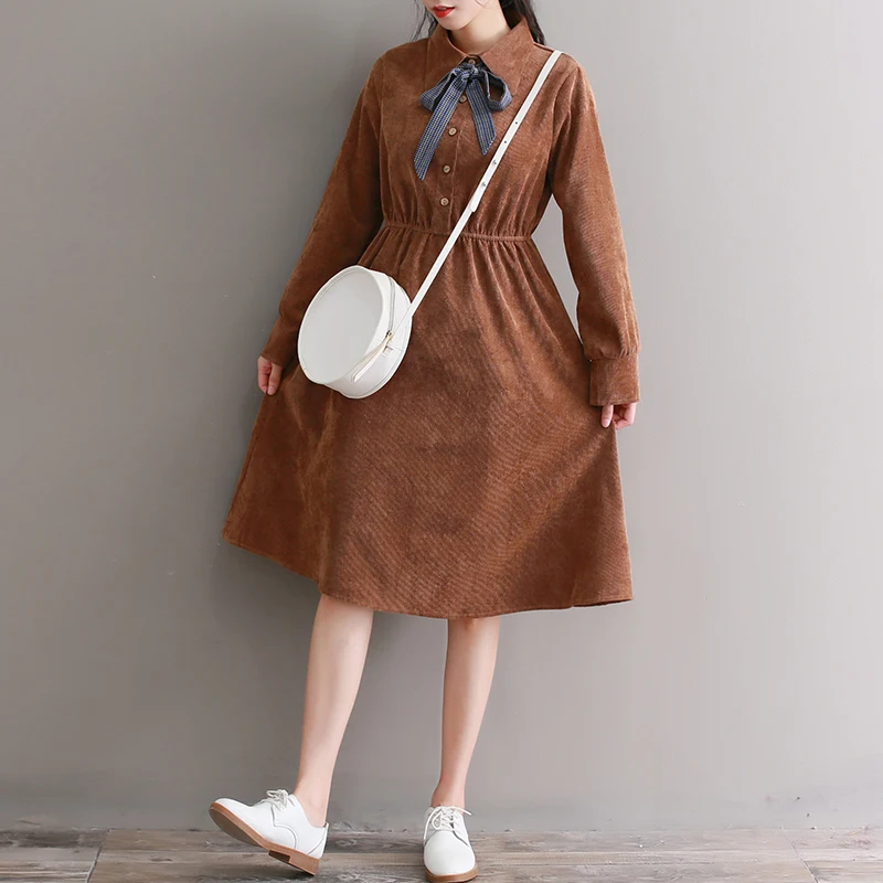 

Japan Mori Girl Corduroy Dress 2018 New Autumn Winter Women Turn-down Collar Full Sleeve Vintage Dresses