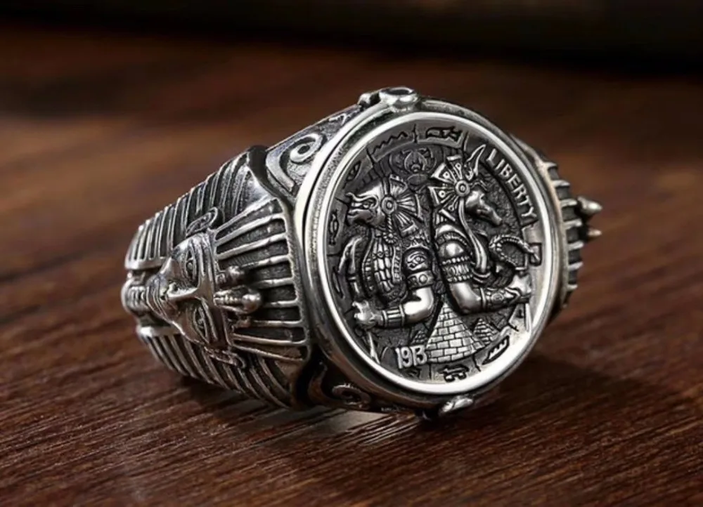 

s925 sterling silver ring personality mighty Anubis Rangers Egyptian pharaoh adjustable men's ring