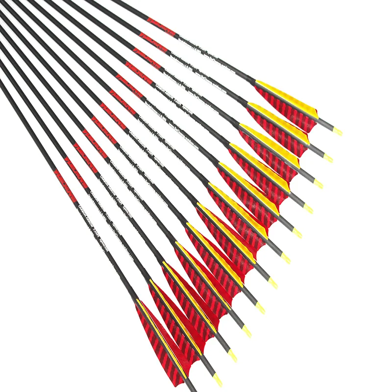 

12 шт. углеродную стрелу spine300/340/400/500/600 ID6.2mm 5 "в полоску оперение индейки перо 100 зерна сменный точечного