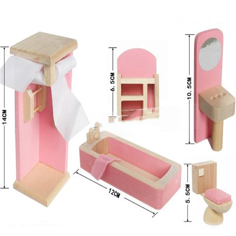 الأطفال مجموعة كاملة الخشب الوردي أثاث بيت الدمية لعب/أطفال الفتيات عيد ميلاد هدايا من خشبية الحمام لعبة