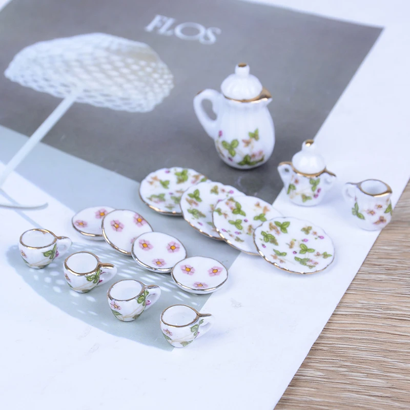

15Pcs/Set New Plate Flower Print Furniture Toys Dollhouse Miniature Restaurants Goods Porcelain Tea Set Plate Cup