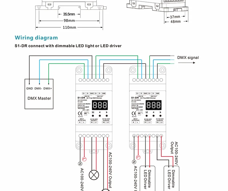 S1-DR AC симистор DMX диммер; AC100V-240V DIN rail 2CH двухканальный выход кремния DMX512 светодиодный контроллер