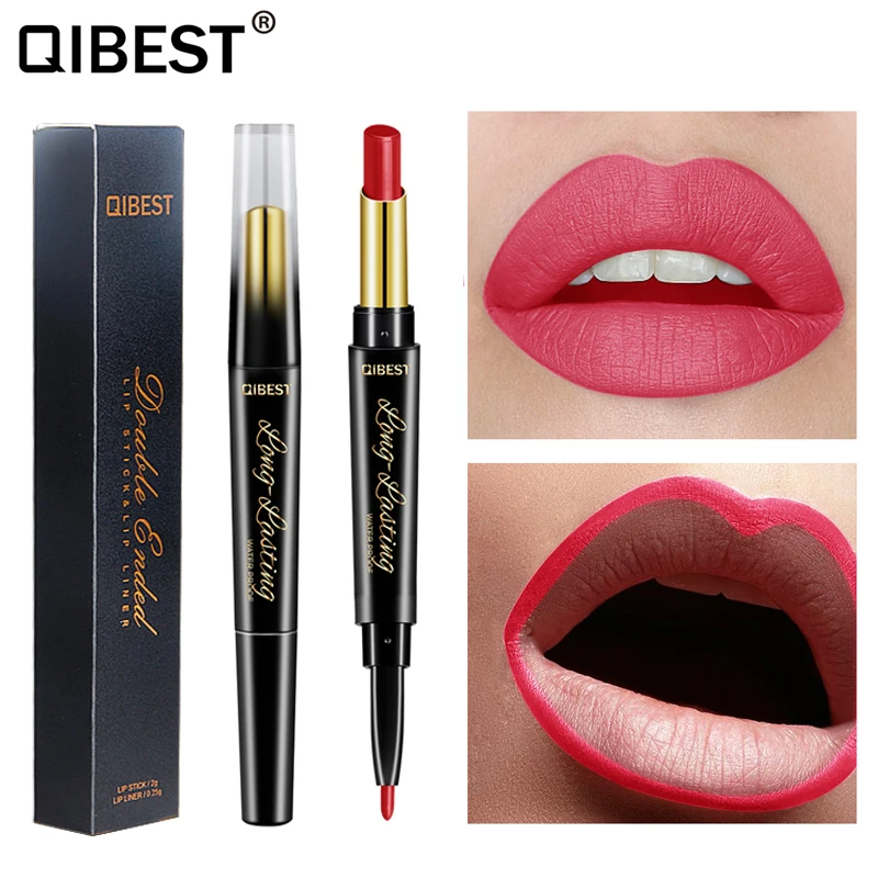 

QIBEST Double Head 2 In 1 Matte Lipstick Lip Liner Waterproof Long Lasting Pigments Nude Lipstick Lip Pencil Automatic Makeup