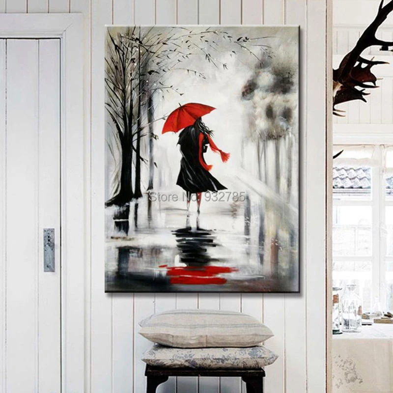 Unframed-100-Hand-Painted-Oil-Painting-Red-Umbrella-Black-Dress-Sexy-Girl-Modern-Figure-Painting-On