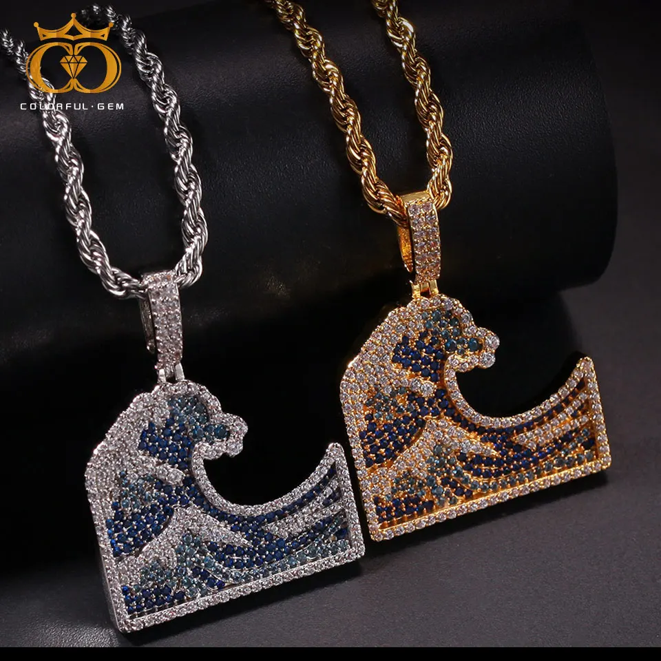 

colorful.gem Men Hip hop The Great Wave off Kanagawa shape pendant AAA Zircon Full iced out chain necklace jewelry DropShipping