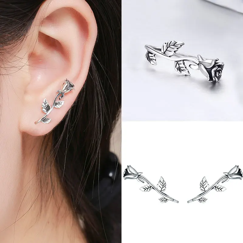 925 Sterling Silver Korean Feather Rose Flower Star Plane Cuff Stud Earrings for Women Fashion Women Earrings 2018 brincos s925 - Image 4