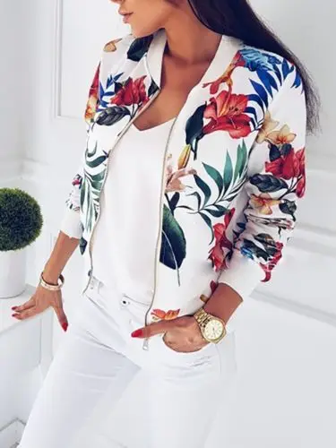 arrival Casual Womens Ladies Retro Floral Zipper Up Bomber Jacket Coat Long Sleeve Outwear White Navy Blue