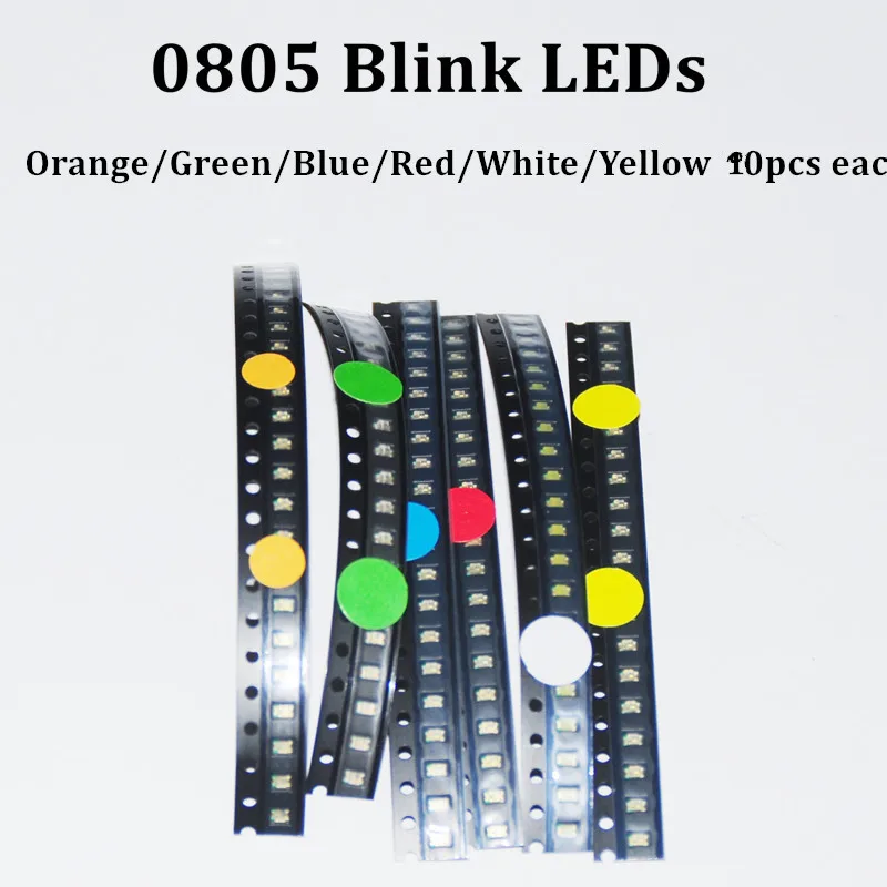 

60pcs Flashing Blink LED Diode 0805 SMD Blinking Flash Diodo SMD 0805 Mixed 10pcs each Red Jade-Green Blue White Yellow Orange