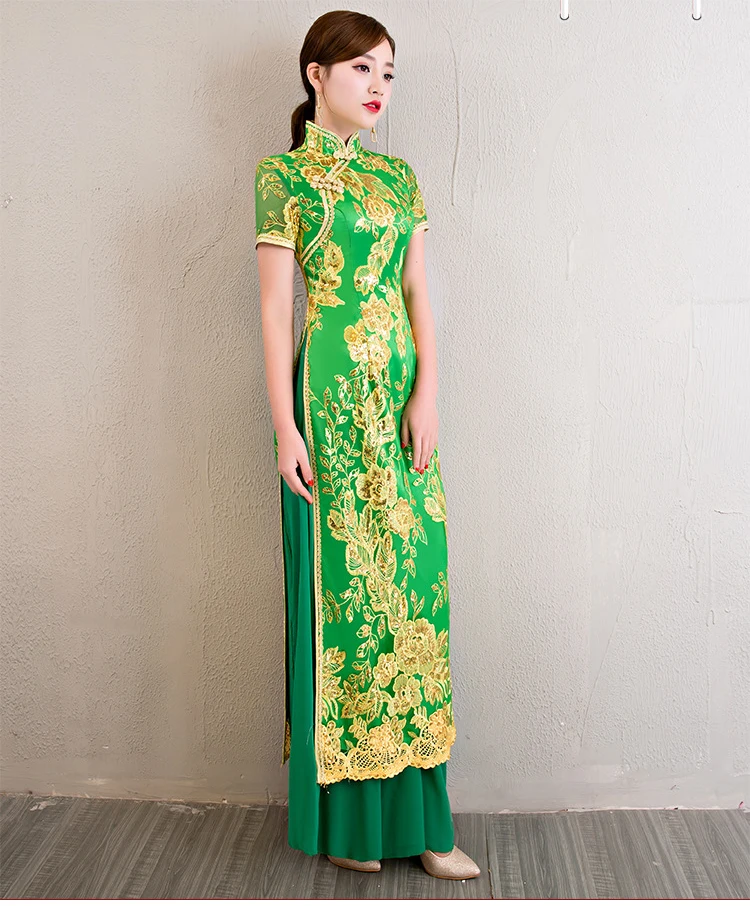 Короткое Кружевное платье с вышивкой в традиционном китайском стиле вечернее Ципао Платья для вечеринок свадебное платье с разрезами по