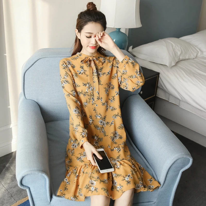 

2019 Spring Vintage Women dress Bow Loose Print Slim Tail Dresses Green Yellow Black 1815