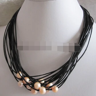 

huij 004217 8-10mm PEACOCK 14Row Freshwater Pearl 1.5mm Black Leather Necklace
