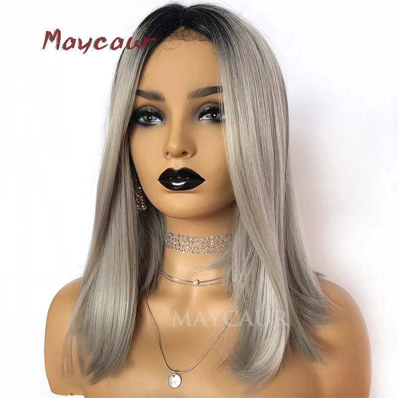 

Ombre Grey Short Bob Wigs For Women Short Straight Synthetic Lace Front Wig 180 Density