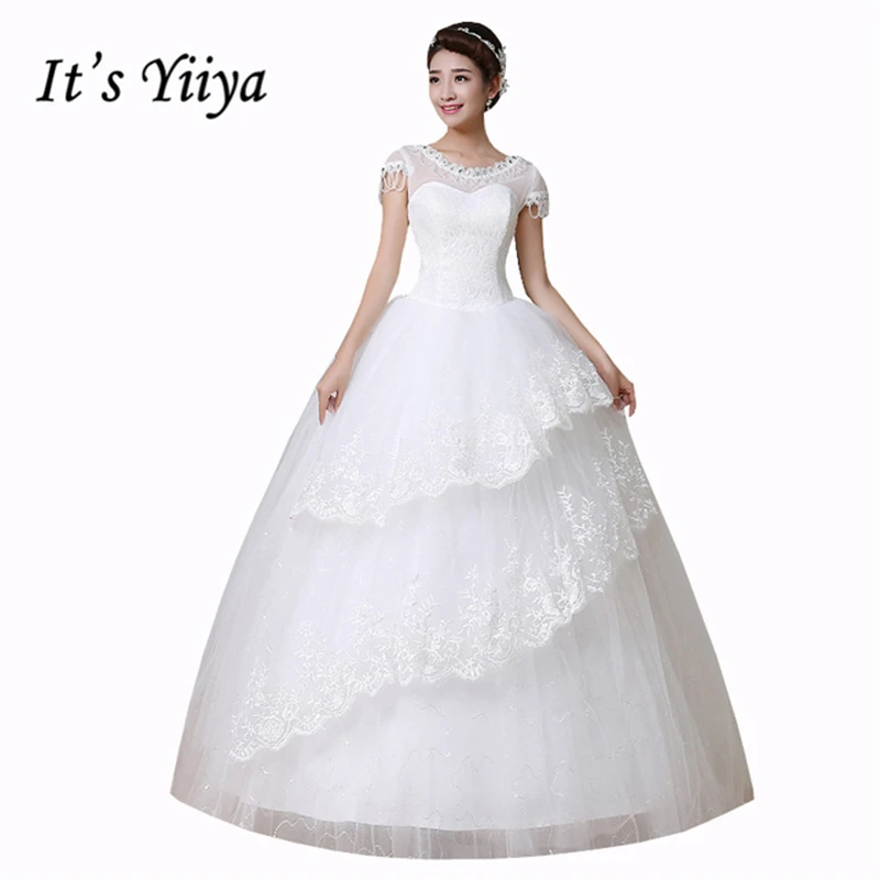 

It's Yiiya White Wedding Dresses 2019 Fashion O-neck Short Sleeves Floor Length Dresses Elegant Princess Vestidos De Novia HS149