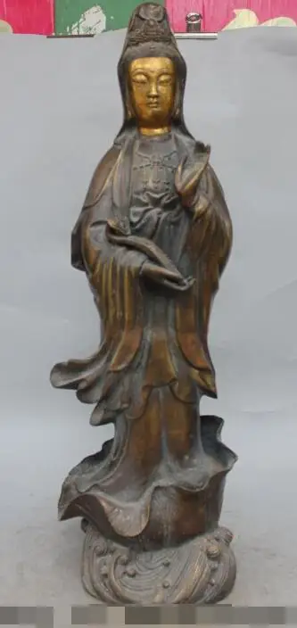

S01406 24" Chinese Bronze Gilt Stand Lotus Kwan-yin Guan Yin Bodhisattva Goddess Statue B0403