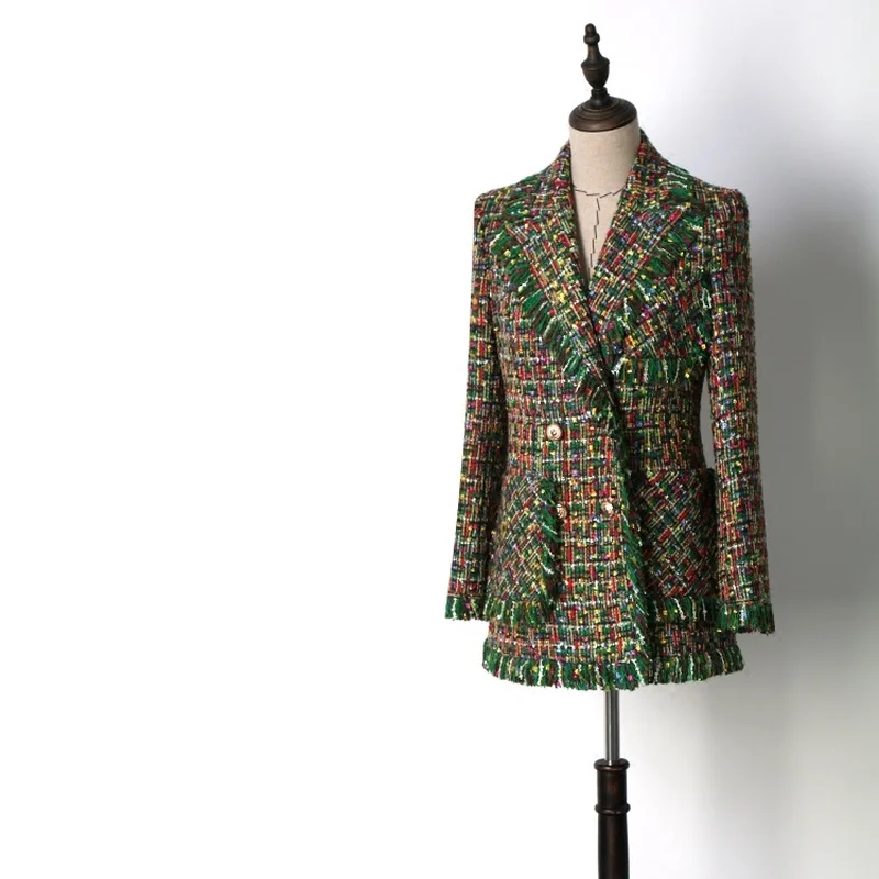 Высокое качество индивидуальные Для женщин зеленый твидовый в клетку пальто кисточка двубортный средней длины пиджаки Y087