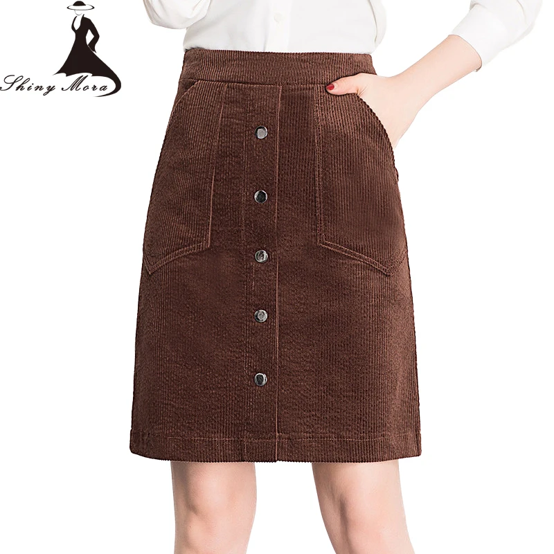 

SHINYMORA Spring Corduroy Skirts for Women 2019 High Waist A Line Slim Elegant Skirts Female Pocket Skirt 3 Color Button Skirt